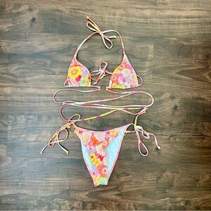 SHEIN Colorful Floral 2 Pc Bikini-tie Front Bra & Bottom Without Pads Size S